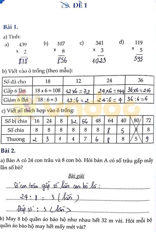 Đề bài Cùng em học Toán lớp 3 Tuần 12 - Đề 1: