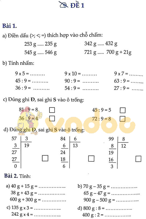 Đề bài Cùng em học Toán lớp 3 Tuần 14 - Đề 1: