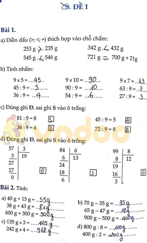 Đáp án Cùng em học Toán lớp 3 Tuần 14 - Đề 1: