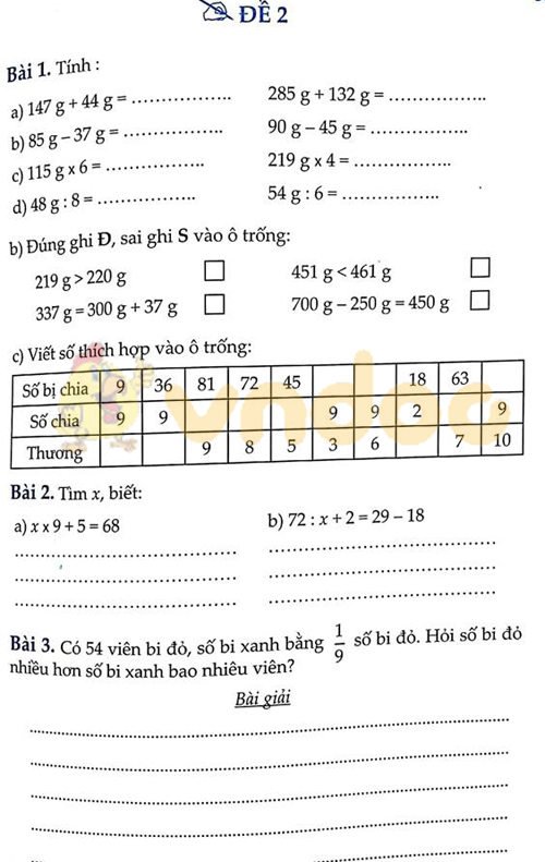 Đề bài Cùng em học Toán lớp 3 Tuần 14 - Đề 2:
