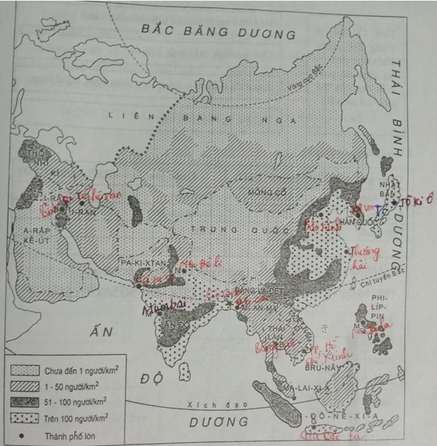 Giải vở bài tập Địa Lý 8 bài 6: Thực hành: Đọc, phân tích lược đồ phân bố dân cư và các thành phố lớn của châu Á