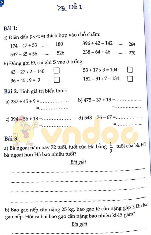 Đề bài Cùng em học Toán lớp 3 Tuần 16 - Đề 1: