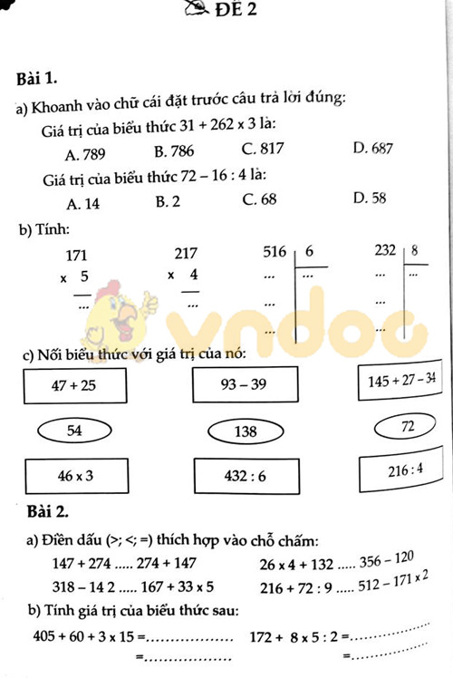 Đề bài Cùng em học Toán lớp 3 Tuần 16 - Đề 2: