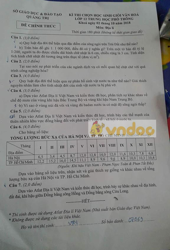 Đề thi chọn Học sinh giỏi môn Địa Lí lớp 12 cấp tỉnh năm 2018 - 2019, Sở GD-ĐT Quảng Trị