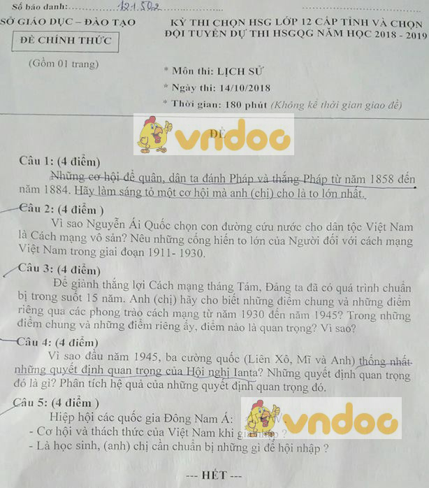 Đề thi chọn Học sinh giỏi môn Lịch sử lớp 12 cấp tỉnh năm 2018 - 2019, Sở GDĐT Bạc Liêu