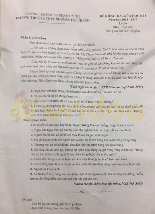 Đề thi giữa học kì 1 môn Văn lớp 6
