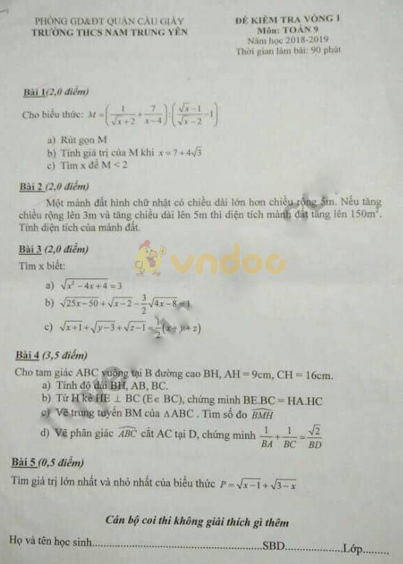 Đề thi giữa học kì 1 lớp 9 môn Toán trường THCS Nam Trung Yên, Quận Cầu Giấy năm học 2018 - 2019