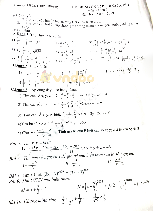 Đề thi giữa học kì 1 lớp 7 môn Toán trường THCS Láng Thượng năm học 2018 - 2019