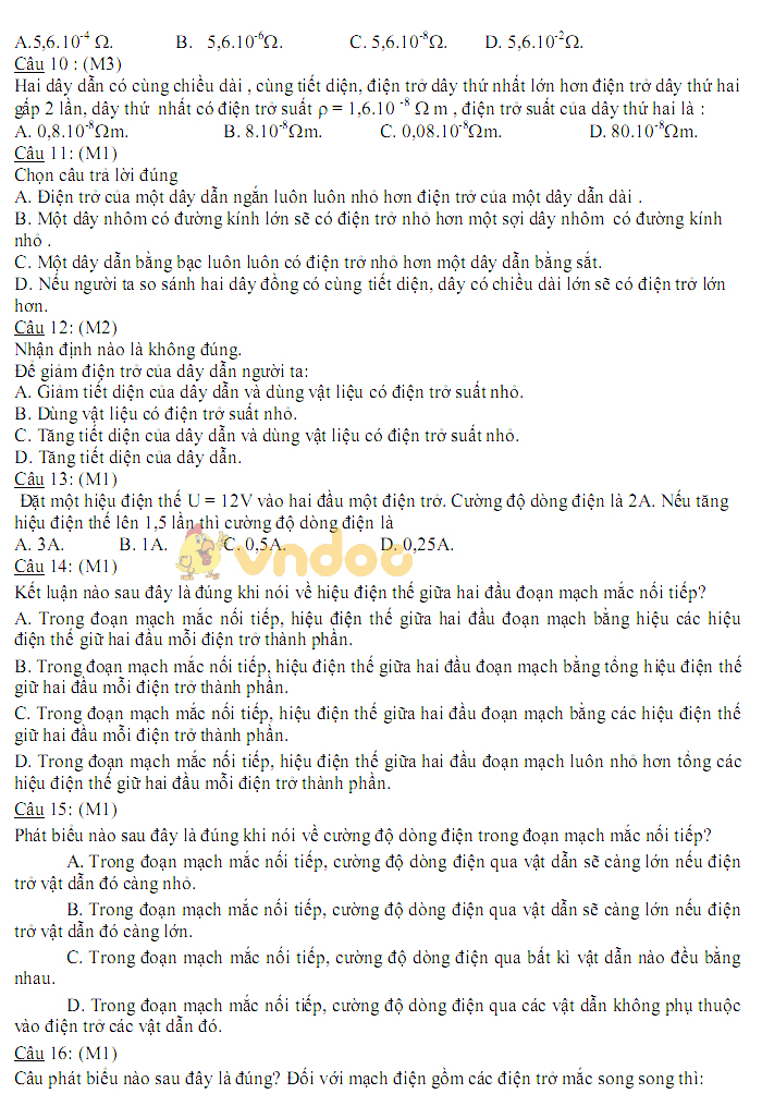 Đề thi giữa học kì 1 lớp 9 môn Vật lý trường THCS Nguyễn Du năm học 2018 - 2019