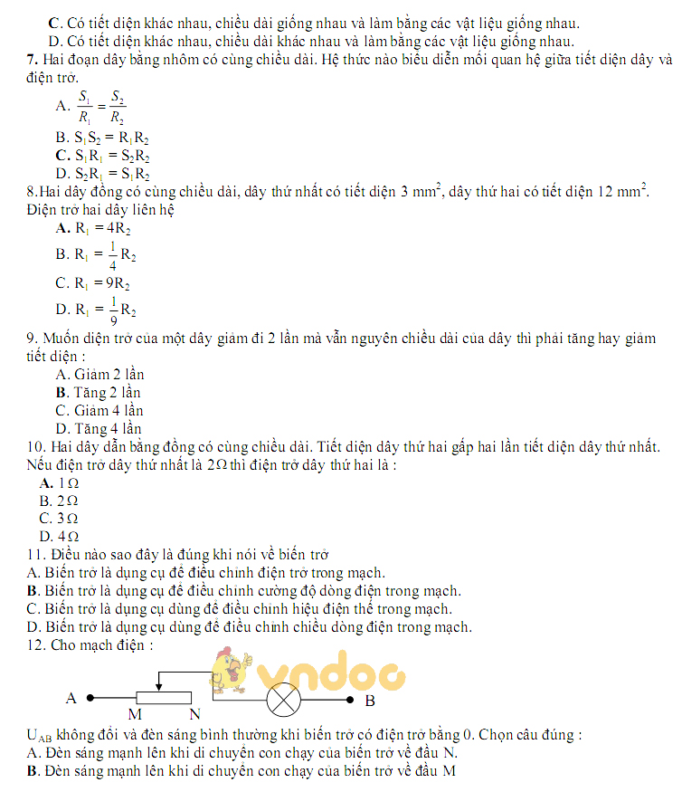 Đề thi giữa học kì 1 lớp 9 môn Vật lý trường THCS Nguyễn Trãi năm học 2018 - 2019