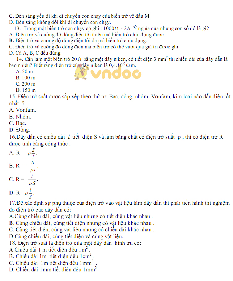 Đề thi giữa học kì 1 lớp 9 môn Vật lý trường THCS Nguyễn Trãi năm học 2018 - 2019