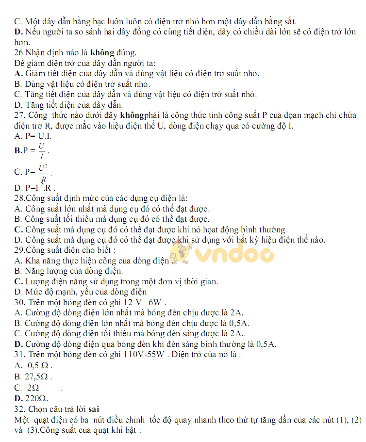 Đề thi giữa học kì 1 lớp 9 môn Vật lý trường THCS Nguyễn Trãi năm học 2018 - 2019