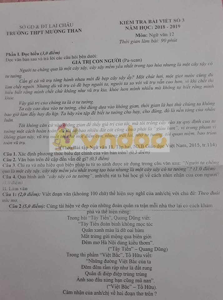 Đề kiểm tra bài viết số 3 lớp 12 môn Ngữ văn năm 2018 - 2019 