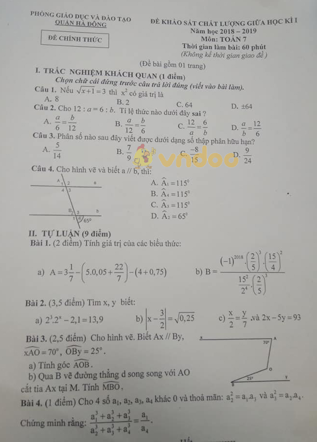 Đề thi giữa học kì 1 lớp 7 môn Toán Phòng GD&ĐT Hà Đông năm học 2018 - 2019