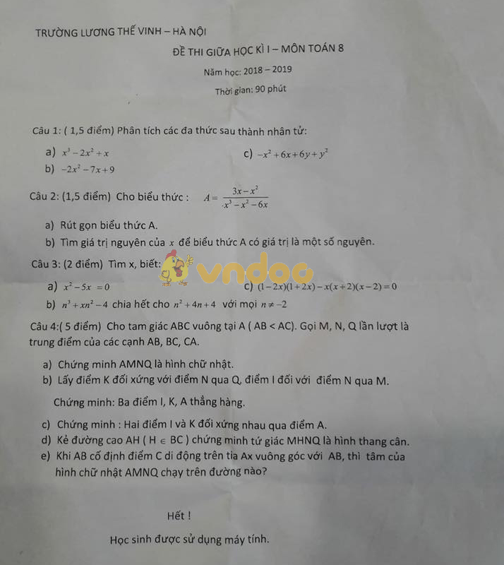 Đề thi giữa học kì 1 lớp 8 môn Toán trường Lương Thế Vinh năm học 2018 - 2019