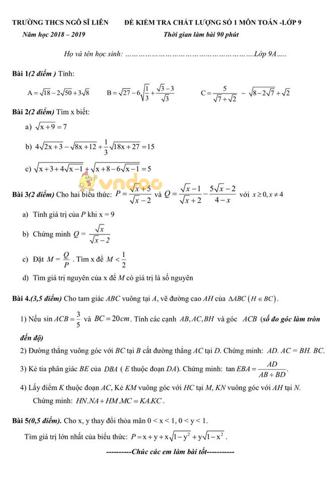 Đề thi giữa học kì 1 lớp 9 môn Toán trường THCS Ngô Sĩ Liên năm học 2018 - 2019