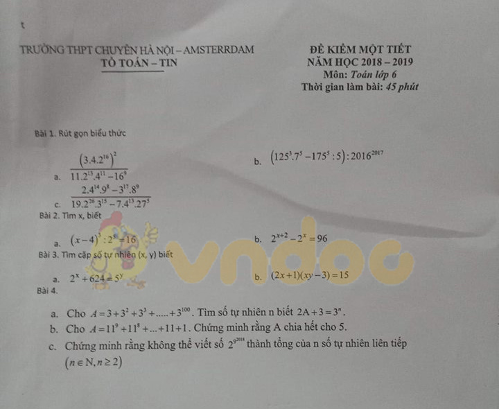 Đề kiểm tra 1 tiết học kì 1 toán lớp 6