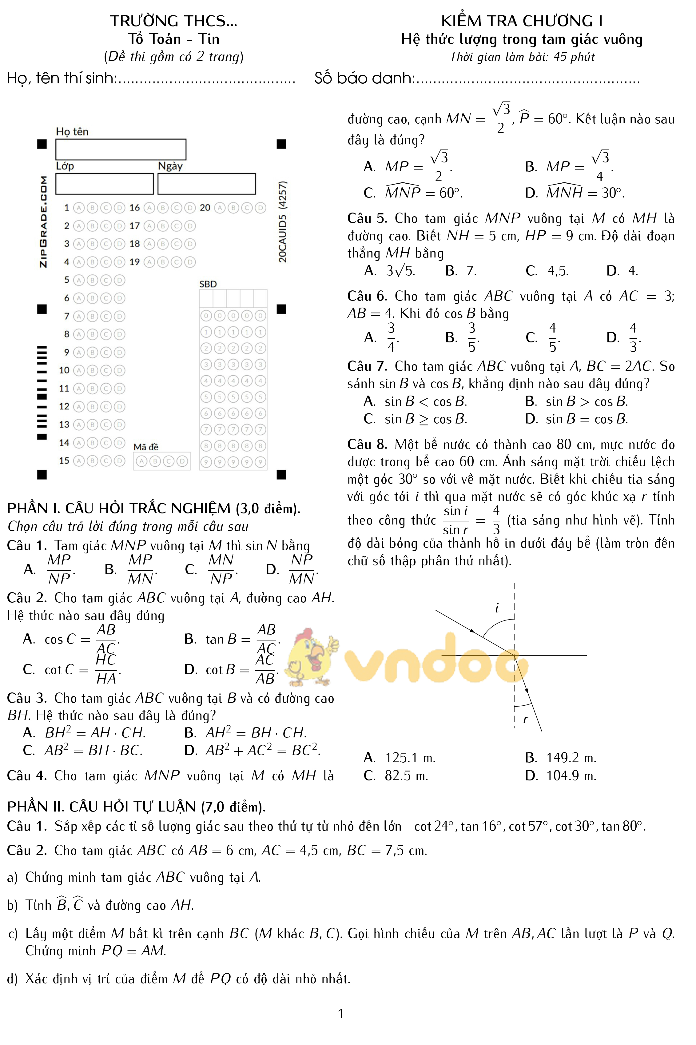 Đề kiểm tra môn Toán Hình học lớp 9: Hệ thức lượng giác trong tam giác vuông
