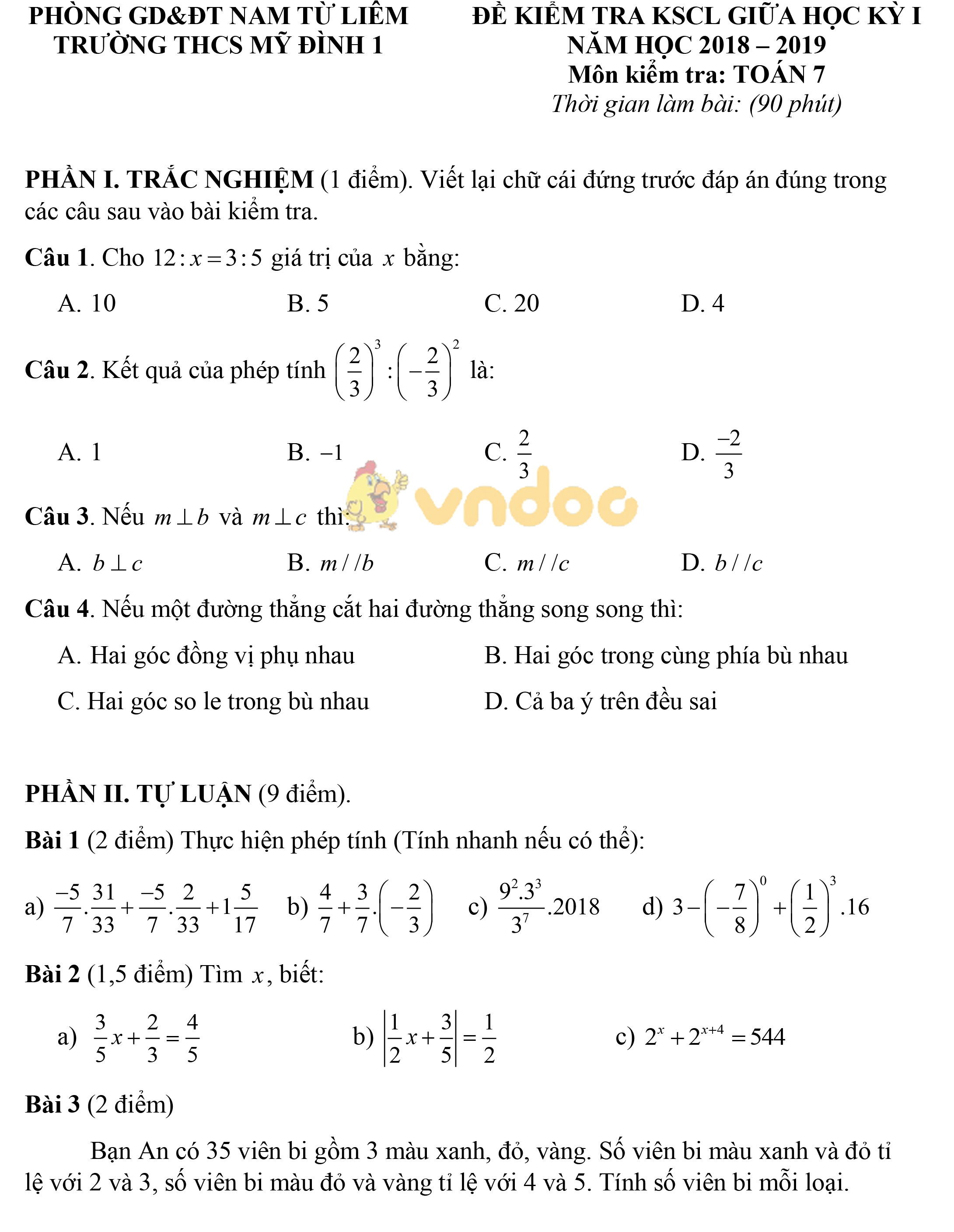 Đề thi giữa học kì 1 lớp 7 môn Toán trường THCS Mỹ Đình 1, Phòng GD&ĐT Nam Từ Liêm năm học 2018 - 2019