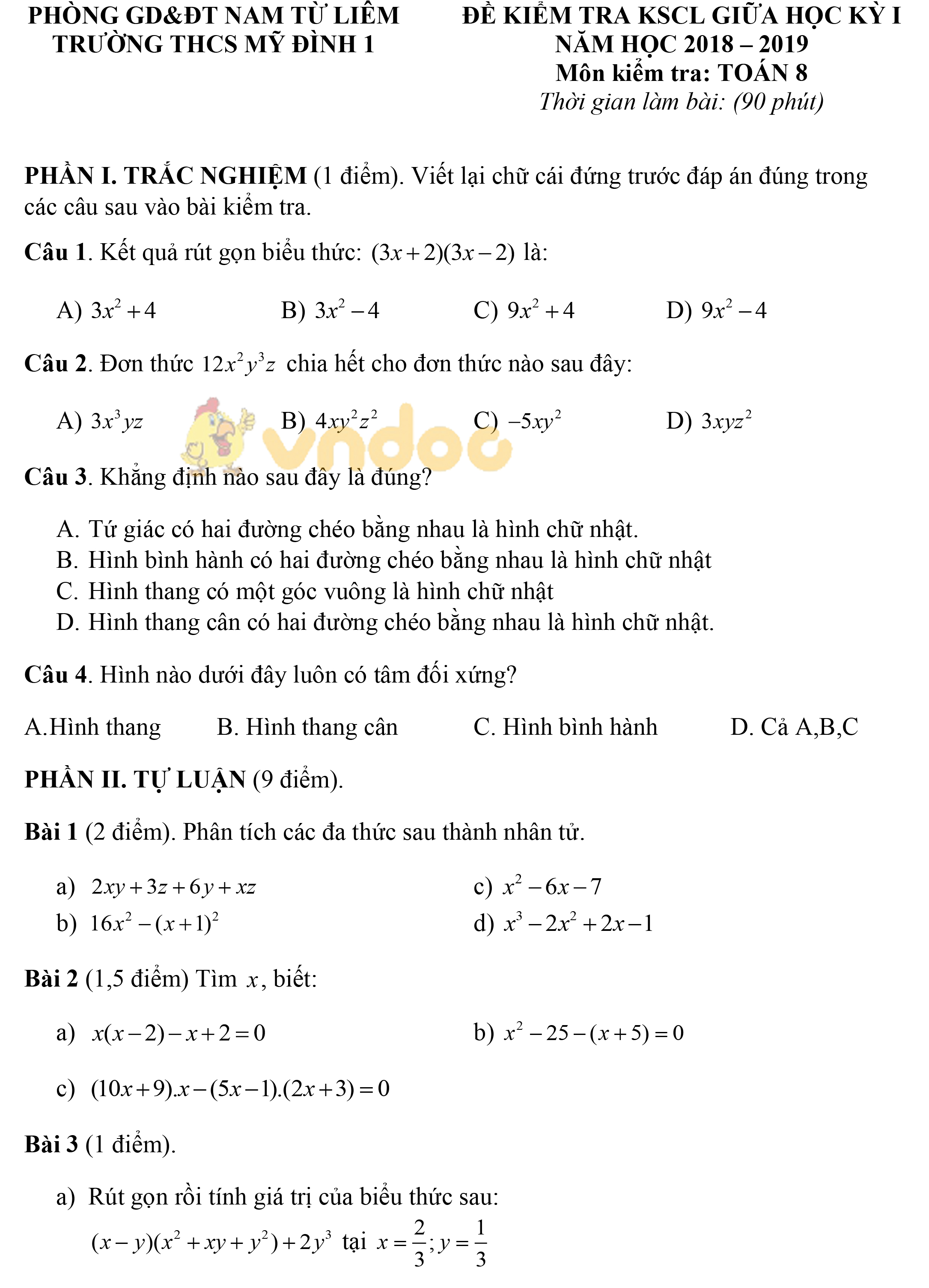 Đề thi giữa học kì 1 lớp 8 môn Toán trường THCS Mỹ Đình 1, Phòng GD&ĐT Nam Từ Liêm năm học 2018 - 2019