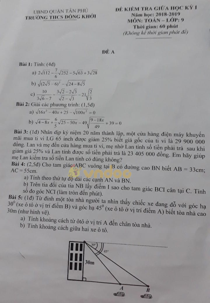 Đề thi giữa học kì 1 lớp 9 môn Toán trường THCS Đồng Khởi, Quận Tân Phú năm học 2018 - 2019