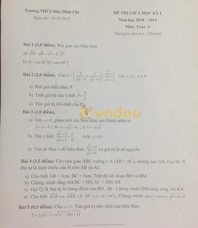 Đề thi giữa học kì 1 lớp 9 môn Toán trường THCS Mạc Đĩnh Chi năm học 2018 - 2019
