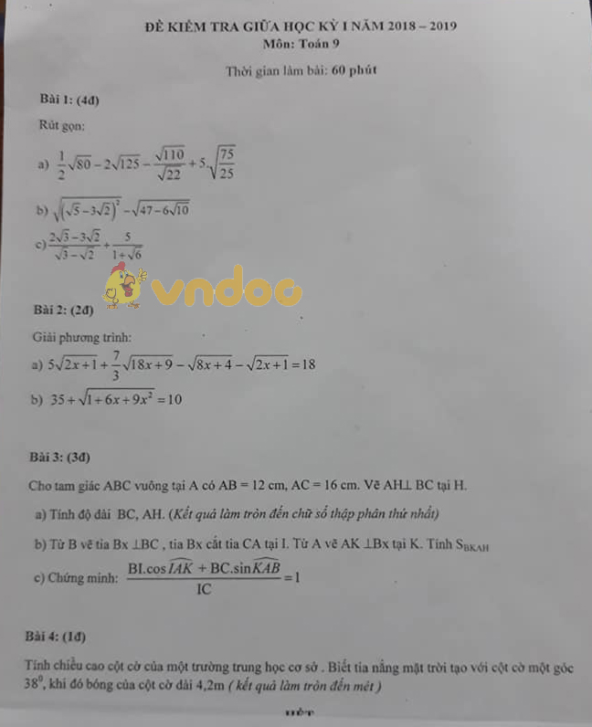 Đề thi giữa học kì 1 lớp 9 môn Toán trường THCS Quang Trung năm học 2018 - 2019
