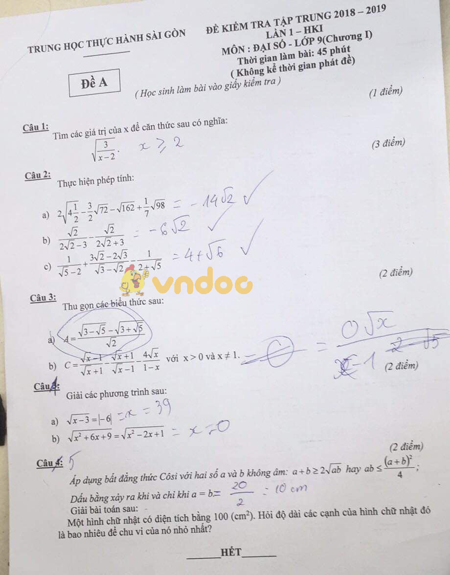 Đề thi giữa học kì 1 lớp 9 môn Toán trường Trung học Thực Hành Sài Gòn năm học 2018 - 2019