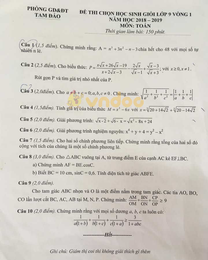 Đề thi chọn học sinh giỏi lớp 9 môn Toán Phòng GD&ĐT Tam Đảo năm học 2018 - 2019 (vòng 1)