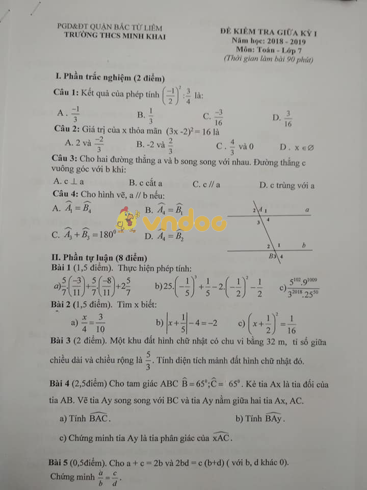Đề thi giữa học kì 1 lớp 7 môn Toán trường THCS Minh Khai, Phòng GD&ĐT Quận Bắc Từ Liêm năm học 2018 - 2019
