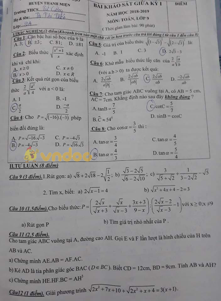Đề thi giữa học kì 1 lớp 9 môn Toán trường THCS Tứ Cường Phòng GD&ĐT huyện Thanh Miện năm học 2018 - 2019