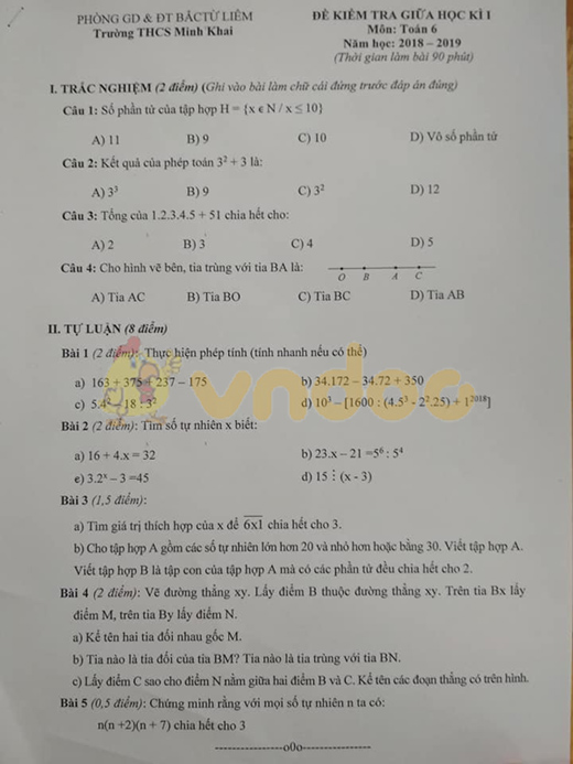 Đề thi giữa học kì 1 môn Toán lớp 6