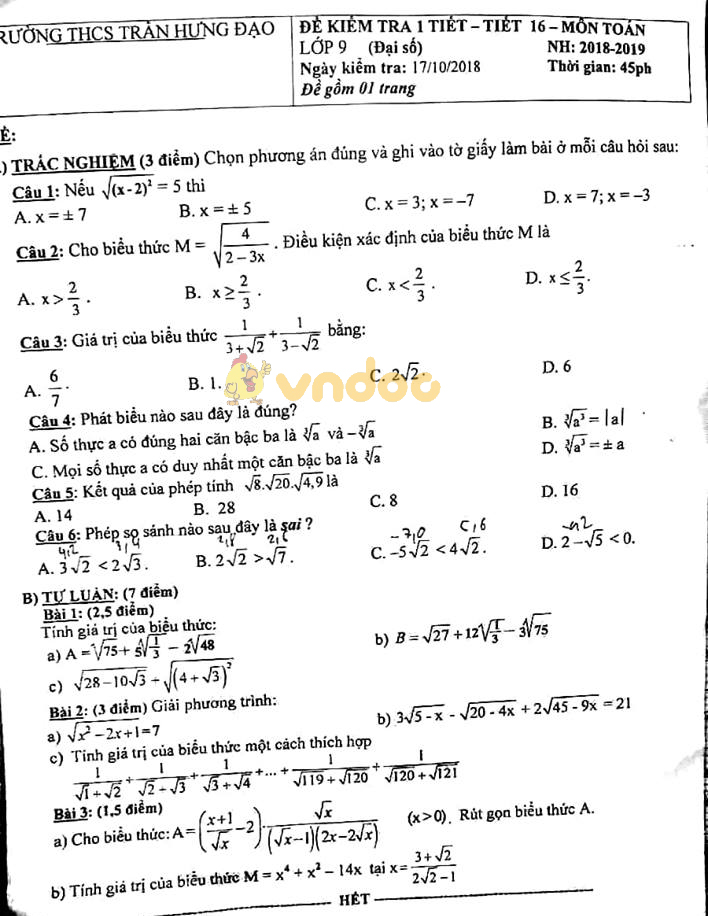 Đề kiểm tra 1 tiết môn Toán lớp 9 trường THCS Trần Hưng Đạo năm học 2018 - 2019