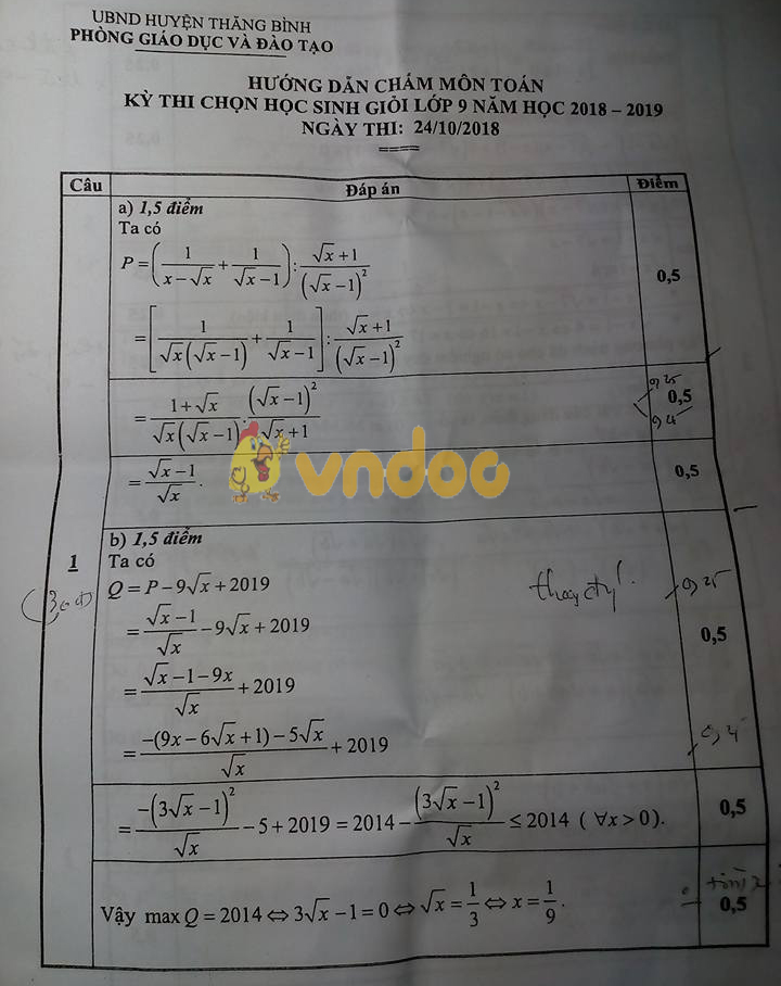 Đề thi chọn học sinh giỏi lớp 9 môn Toán Phòng GD&ĐT huyện Thăng Bình năm học 2018 - 2019