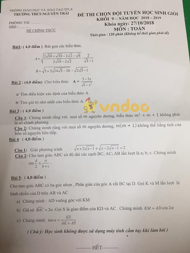 Đề thi chọn học sinh giỏi lớp 9 môn Toán trường THCS Nguyễn Trãi năm học 2018 - 2019