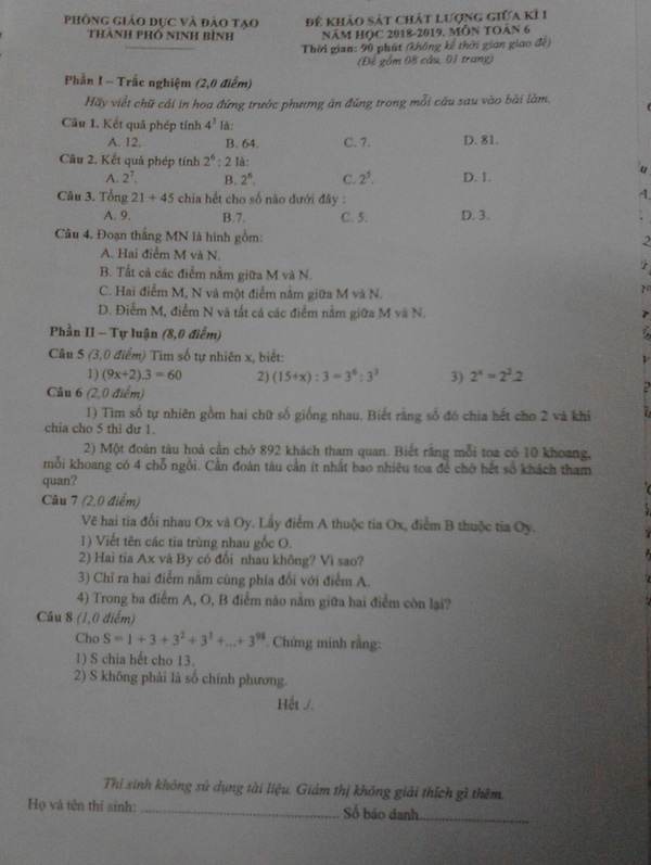 Đề thi giữa học kì 1 Toán 6