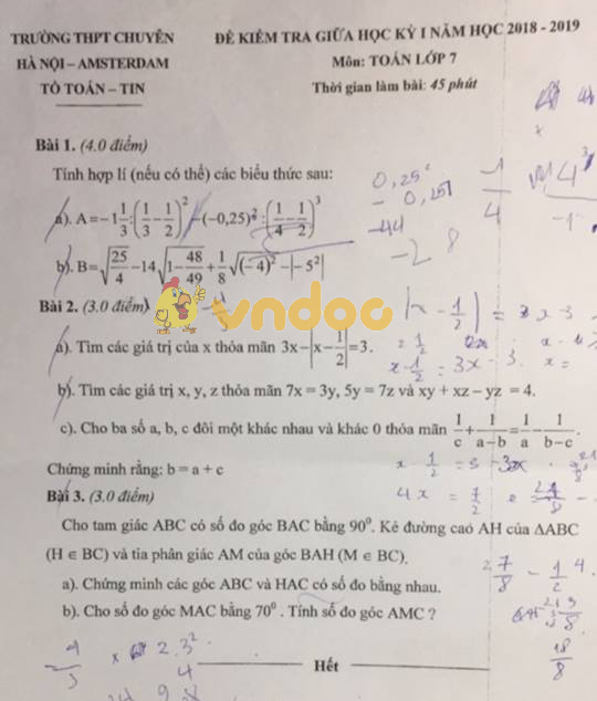 Đề thi giữa học kì 1 lớp 7 môn Toán trường Chuyên Hà Nội - Amsterdam năm học 2018 - 2019