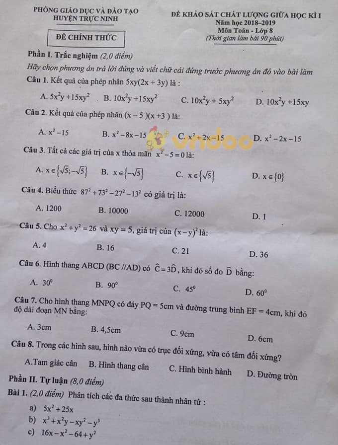 Đề thi giữa học kì 1 lớp 8 môn Toán Phòng GD&ĐT huyện Trực Ninh năm học 2018 - 2019