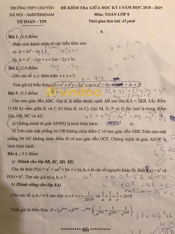 Đề thi giữa học kì 1 lớp 8 môn Toán trường Chuyên Hà Nội - Amsterdam năm học 2018 - 2019