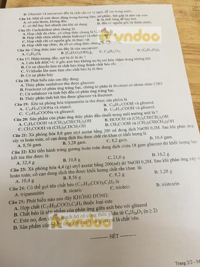 Đề kiểm tra 1 tiết môn Hóa lớp 12