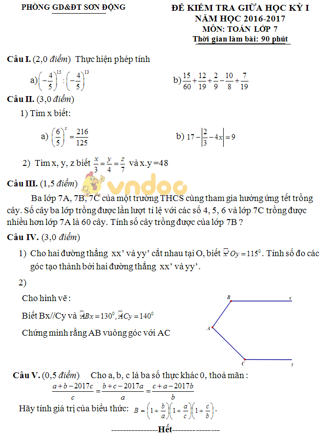 Đề thi giữa học kì 1 lớp 7 môn Toán Phòng GD&ĐT Sơn Động năm học 2016 - 2017