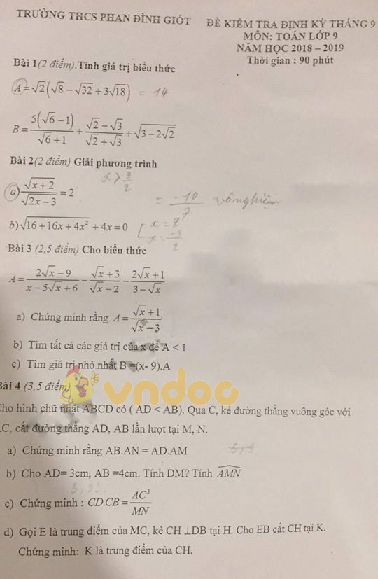 Đề thi giữa học kì 1 lớp 9 môn Toán trường THCS Phan Đình Giót năm học 2018 - 2019