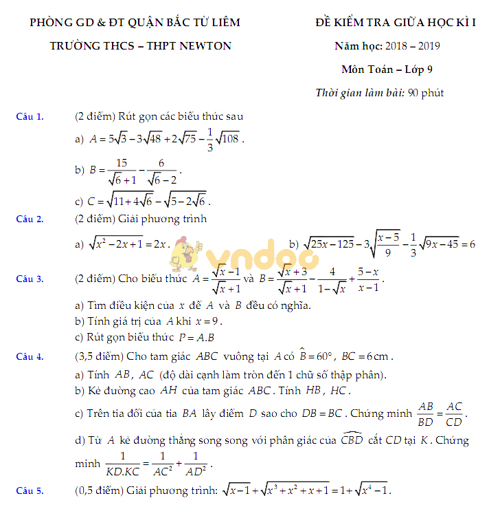 Đề thi giữa học kì 1 lớp 9 môn Toán trường THCS - THPT Newton, Quận Bắc Từ Liêm năm học 2018 - 2019