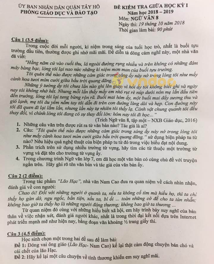 Đề thi giữa học kì 1 lớp 9 môn Ngữ văn Phòng GD&ĐT UBND Quận Tây Hồ năm học 2018 - 2019