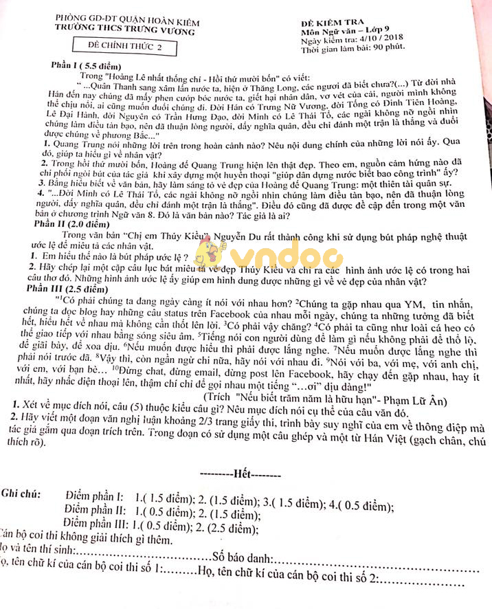 Đề thi giữa học kì 1 lớp 9 môn Ngữ văn trường THCS Trưng Vương, Phòng GD&ĐT Quận Hoàn Kiếm năm học 2018 - 2019
