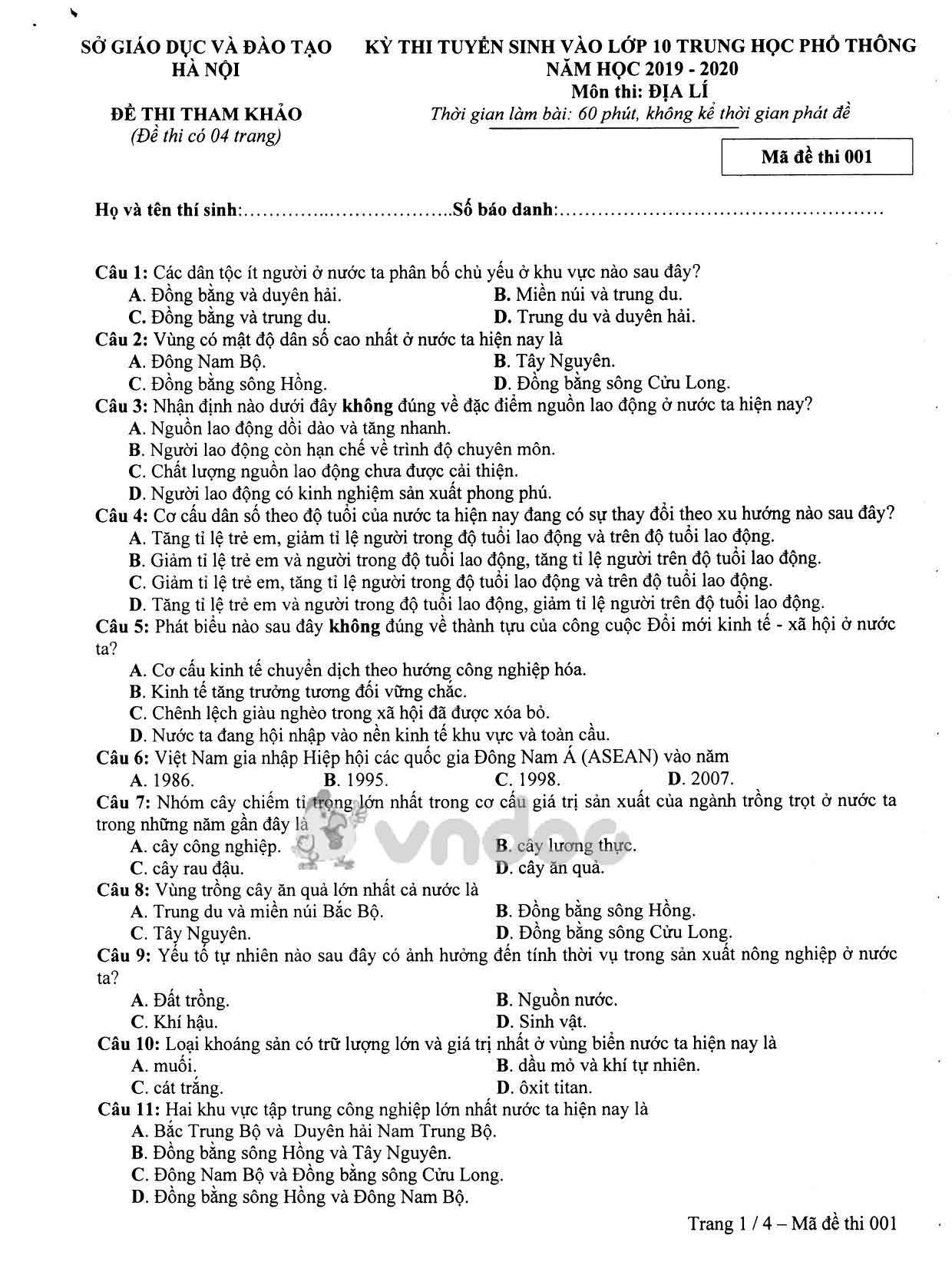 Đề thi tham khảo tuyển sinh vào lớp 10 môn Địa lý Sở GD&ĐT Hà Nội năm học 2019 - 2020