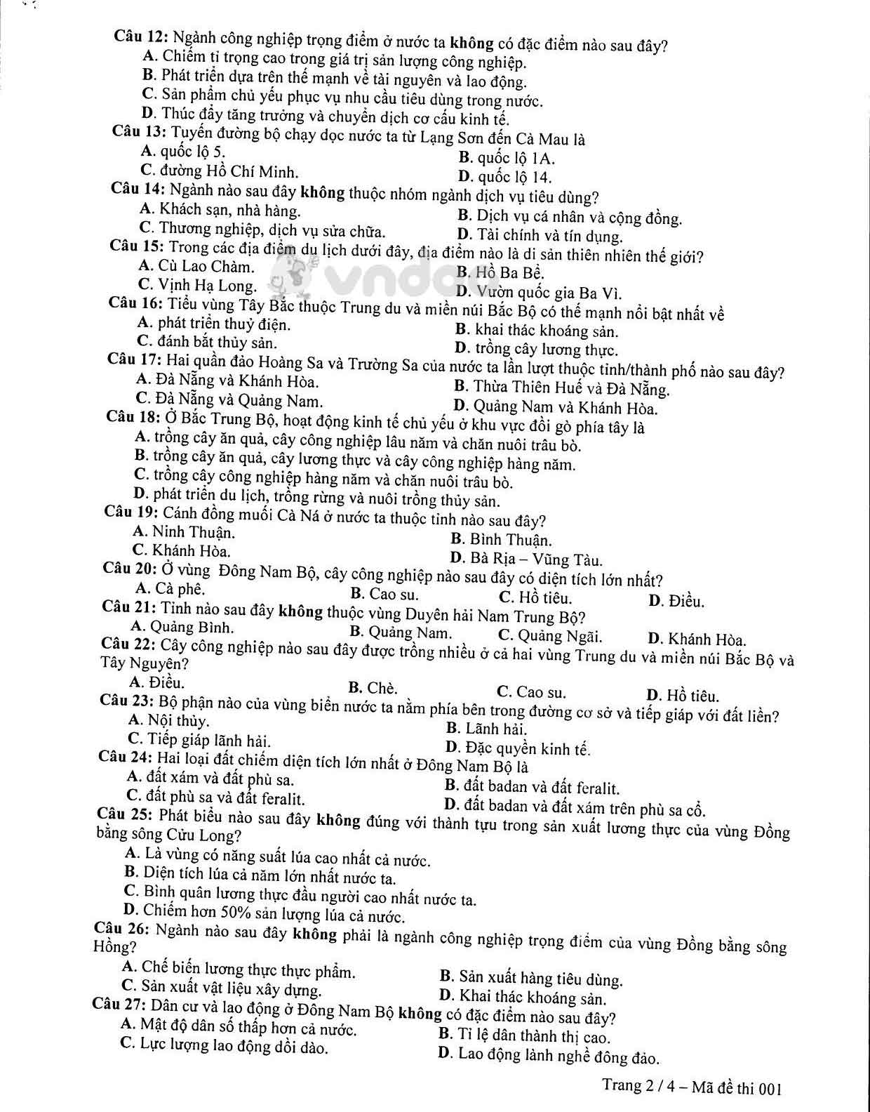 Đề thi tham khảo tuyển sinh vào lớp 10 môn Địa lý Sở GD&ĐT Hà Nội năm học 2019 - 2020