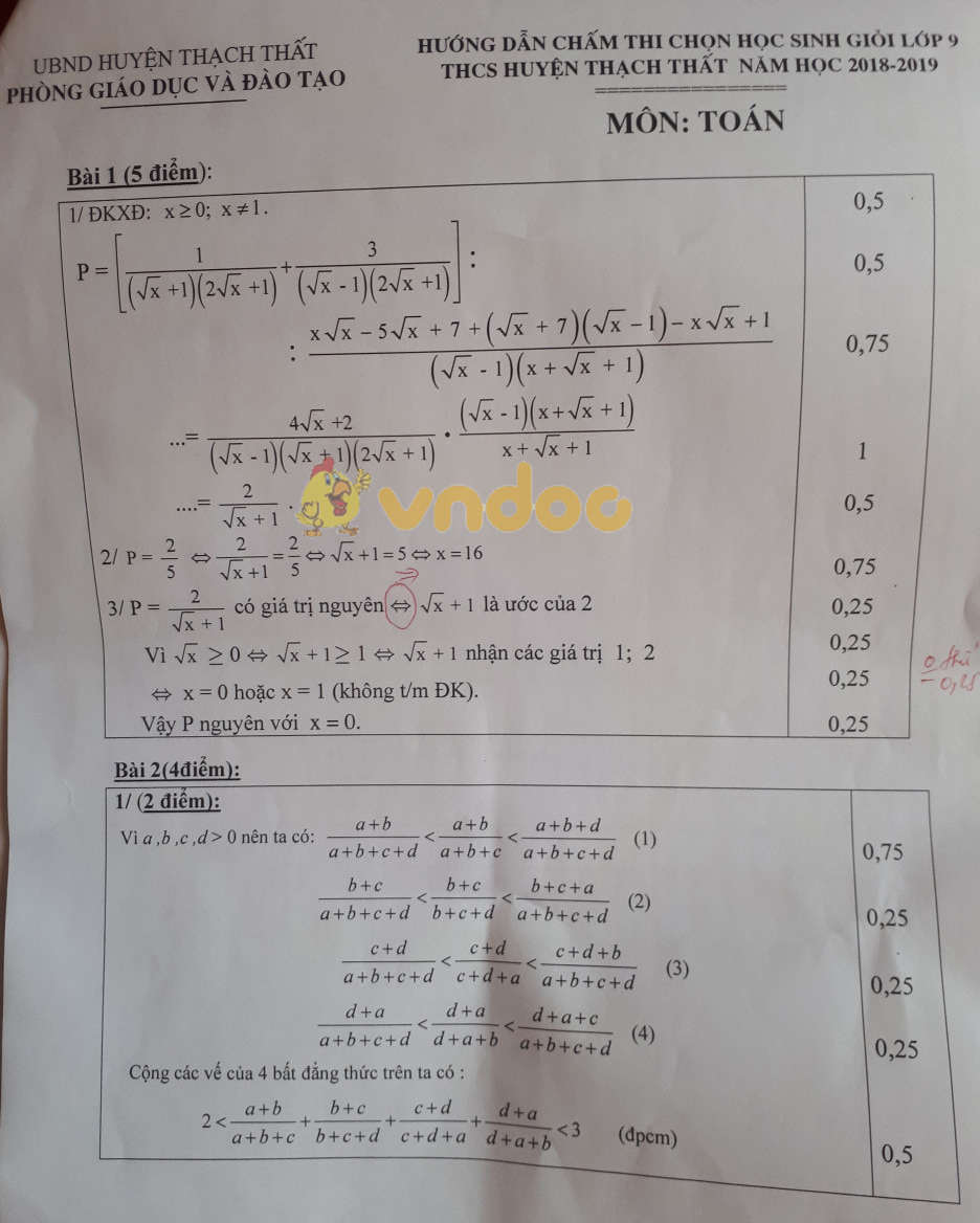 Đề thi chọn học sinh giỏi lớp 9 môn Toán Phòng GD&ĐT huyện Thạch Thất năm học 2018 - 2019