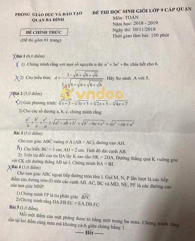 Đề thi chọn học sinh giỏi cấp Quận lớp 9 môn Toán Sở GD&ĐT Quận Ba Đình năm học 2018 - 2019
