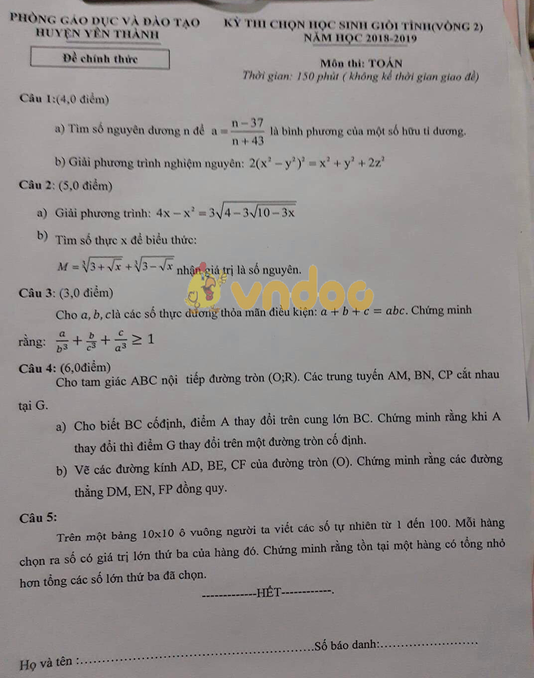 Đề thi chọn học sinh giỏi lớp 9 môn Toán Phòng GD&ĐT huyện Yên Thành năm học 2018 - 2019 (vòng 2)